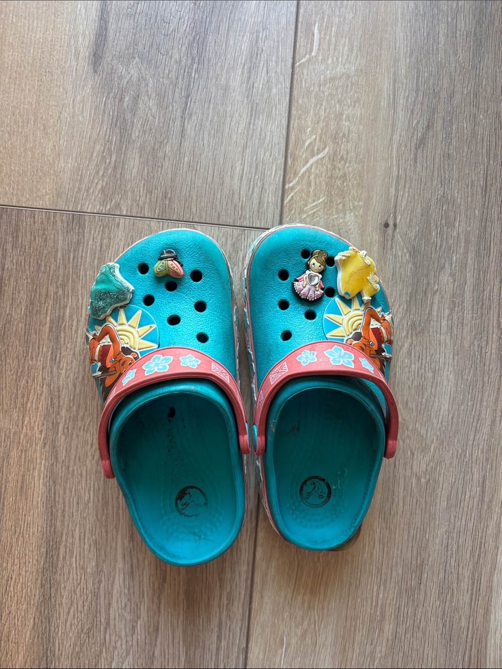CROCS Kids Teal Clogs with Red Strap and Character Charms